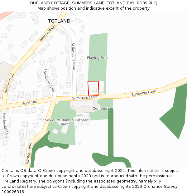 BURLAND COTTAGE, SUMMERS LANE, TOTLAND BAY, PO39 0HQ: Location map and indicative extent of plot