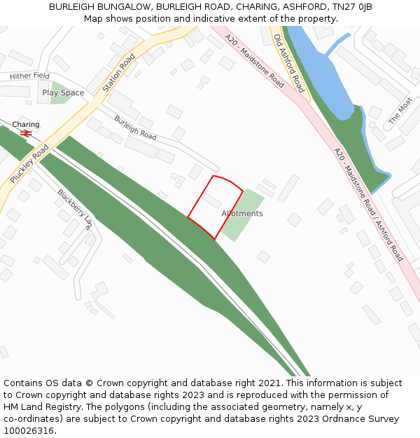 BURLEIGH BUNGALOW, BURLEIGH ROAD, CHARING, ASHFORD, TN27 0JB: Location map and indicative extent of plot