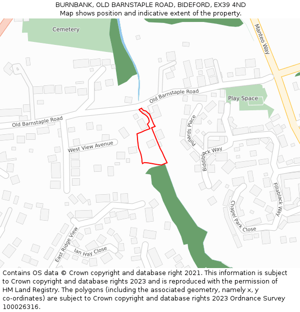 BURNBANK, OLD BARNSTAPLE ROAD, BIDEFORD, EX39 4ND: Location map and indicative extent of plot