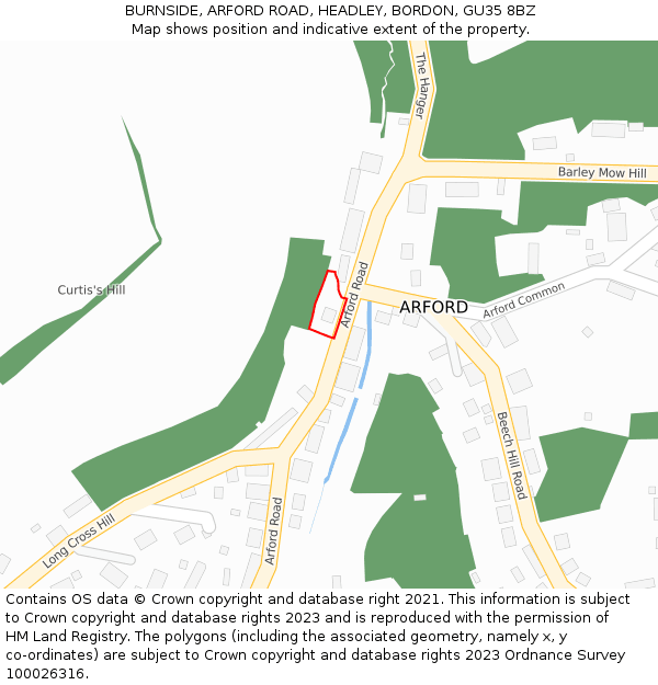 BURNSIDE, ARFORD ROAD, HEADLEY, BORDON, GU35 8BZ: Location map and indicative extent of plot