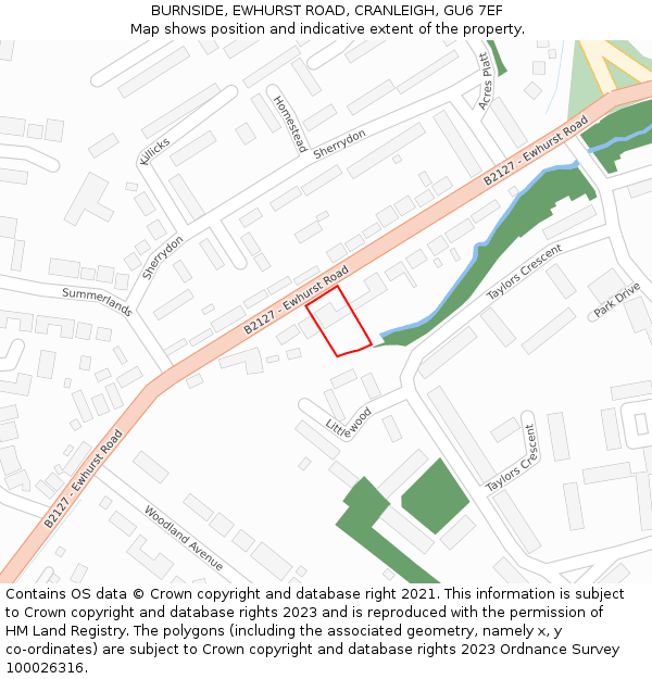 BURNSIDE, EWHURST ROAD, CRANLEIGH, GU6 7EF: Location map and indicative extent of plot