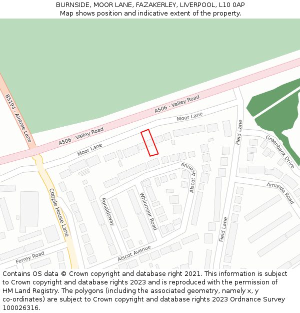 BURNSIDE, MOOR LANE, FAZAKERLEY, LIVERPOOL, L10 0AP: Location map and indicative extent of plot