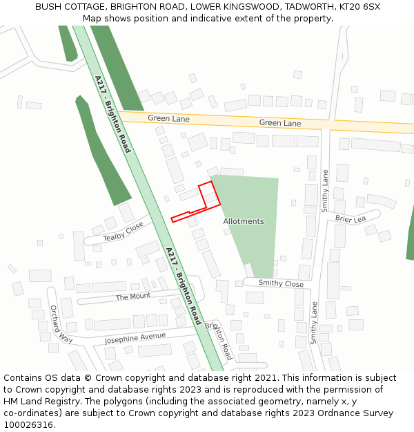 BUSH COTTAGE, BRIGHTON ROAD, LOWER KINGSWOOD, TADWORTH, KT20 6SX: Location map and indicative extent of plot