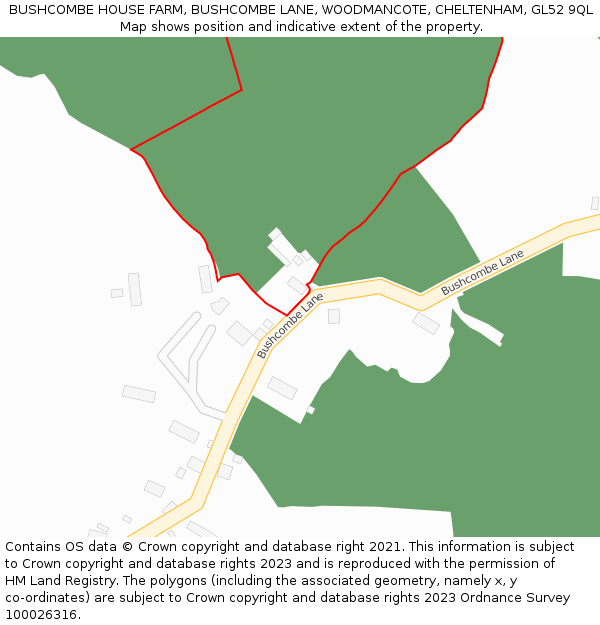 BUSHCOMBE HOUSE FARM, BUSHCOMBE LANE, WOODMANCOTE, CHELTENHAM, GL52 9QL: Location map and indicative extent of plot
