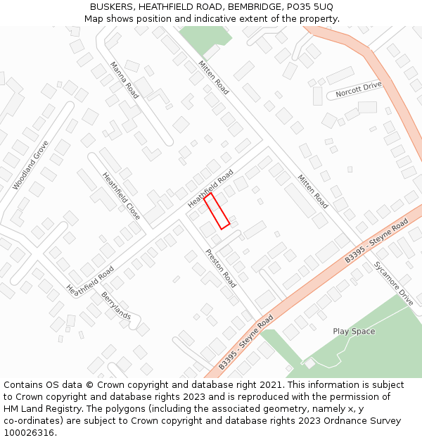 BUSKERS, HEATHFIELD ROAD, BEMBRIDGE, PO35 5UQ: Location map and indicative extent of plot