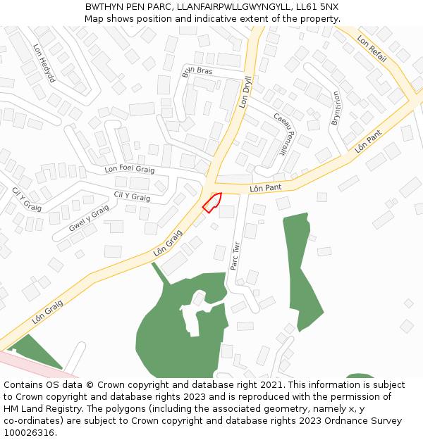 BWTHYN PEN PARC, LLANFAIRPWLLGWYNGYLL, LL61 5NX: Location map and indicative extent of plot