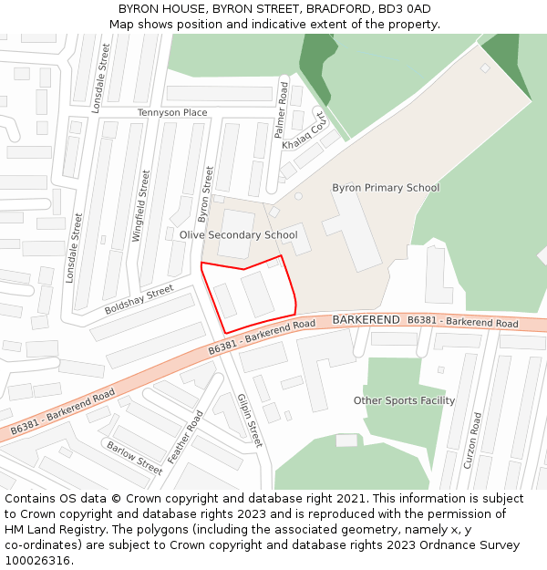 BYRON HOUSE, BYRON STREET, BRADFORD, BD3 0AD: Location map and indicative extent of plot