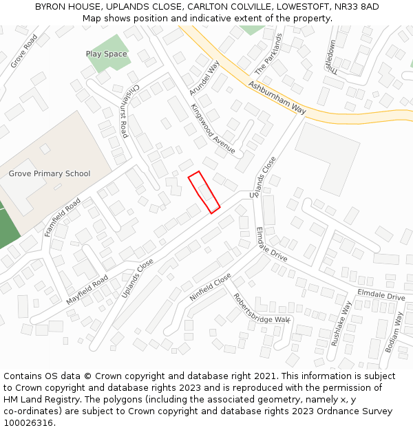 BYRON HOUSE, UPLANDS CLOSE, CARLTON COLVILLE, LOWESTOFT, NR33 8AD: Location map and indicative extent of plot