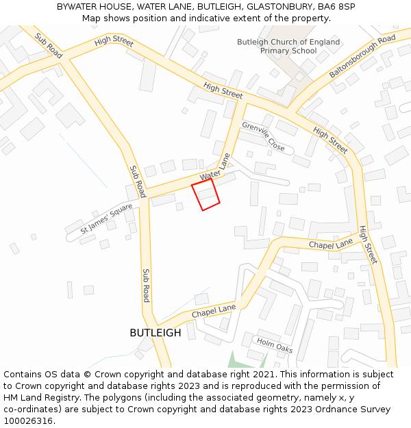 BYWATER HOUSE, WATER LANE, BUTLEIGH, GLASTONBURY, BA6 8SP: Location map and indicative extent of plot