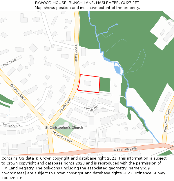 BYWOOD HOUSE, BUNCH LANE, HASLEMERE, GU27 1ET: Location map and indicative extent of plot
