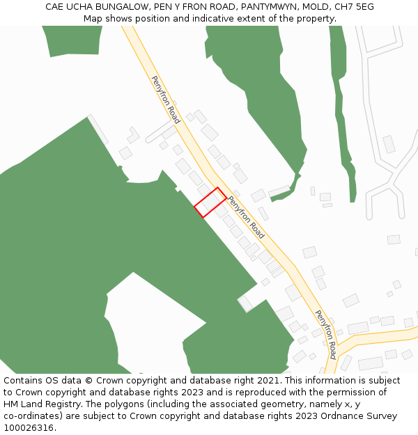 CAE UCHA BUNGALOW, PEN Y FRON ROAD, PANTYMWYN, MOLD, CH7 5EG: Location map and indicative extent of plot