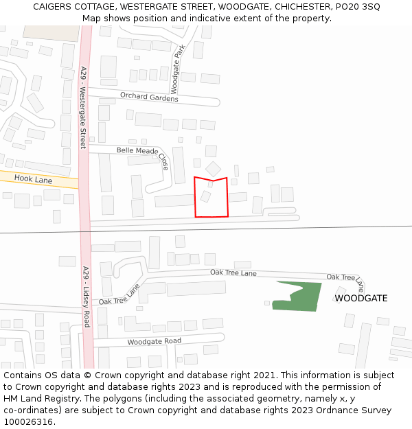 CAIGERS COTTAGE, WESTERGATE STREET, WOODGATE, CHICHESTER, PO20 3SQ: Location map and indicative extent of plot