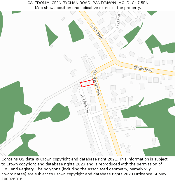 CALEDONIA, CEFN BYCHAN ROAD, PANTYMWYN, MOLD, CH7 5EN: Location map and indicative extent of plot