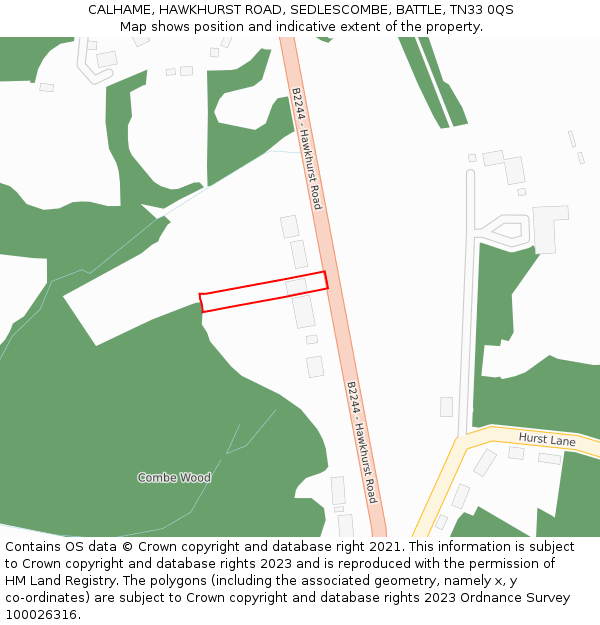 CALHAME, HAWKHURST ROAD, SEDLESCOMBE, BATTLE, TN33 0QS: Location map and indicative extent of plot