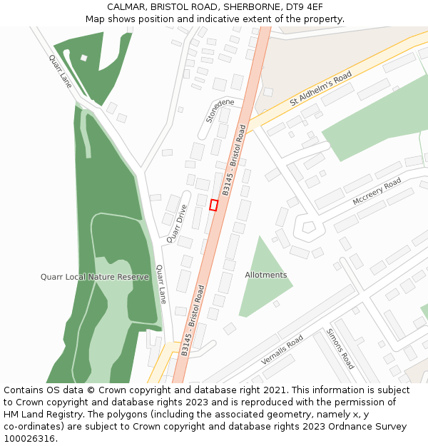 CALMAR, BRISTOL ROAD, SHERBORNE, DT9 4EF: Location map and indicative extent of plot