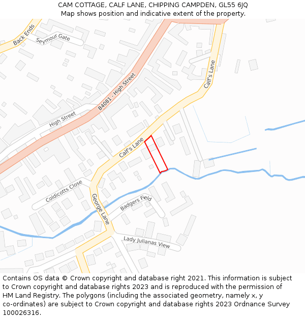 CAM COTTAGE, CALF LANE, CHIPPING CAMPDEN, GL55 6JQ: Location map and indicative extent of plot