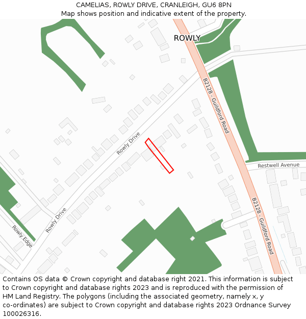 CAMELIAS, ROWLY DRIVE, CRANLEIGH, GU6 8PN: Location map and indicative extent of plot