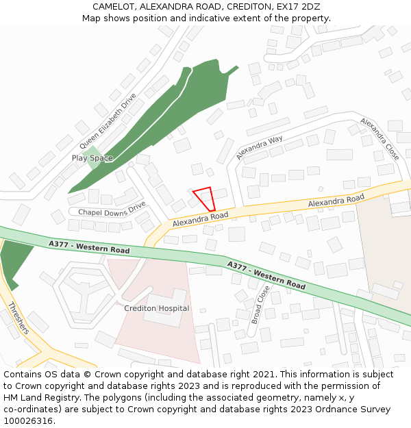 CAMELOT, ALEXANDRA ROAD, CREDITON, EX17 2DZ: Location map and indicative extent of plot