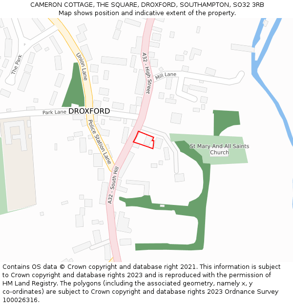 CAMERON COTTAGE, THE SQUARE, DROXFORD, SOUTHAMPTON, SO32 3RB: Location map and indicative extent of plot