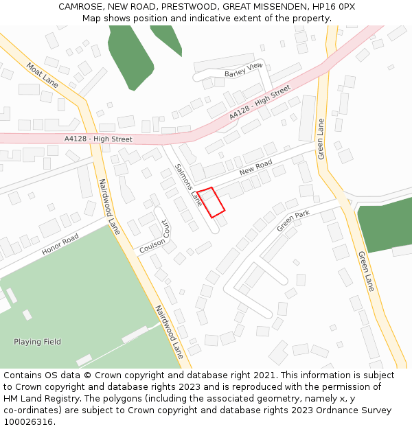 CAMROSE, NEW ROAD, PRESTWOOD, GREAT MISSENDEN, HP16 0PX: Location map and indicative extent of plot