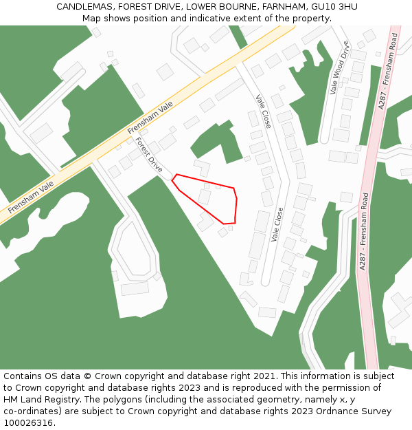 CANDLEMAS, FOREST DRIVE, LOWER BOURNE, FARNHAM, GU10 3HU: Location map and indicative extent of plot