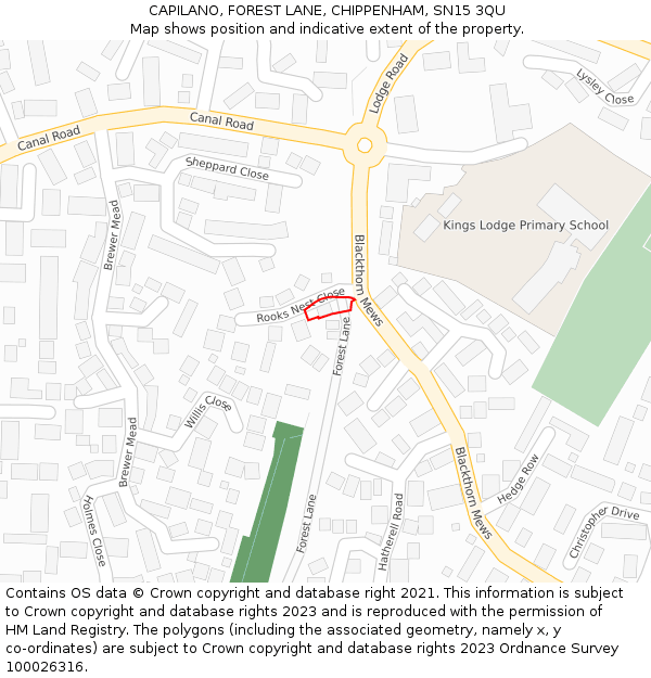 CAPILANO, FOREST LANE, CHIPPENHAM, SN15 3QU: Location map and indicative extent of plot