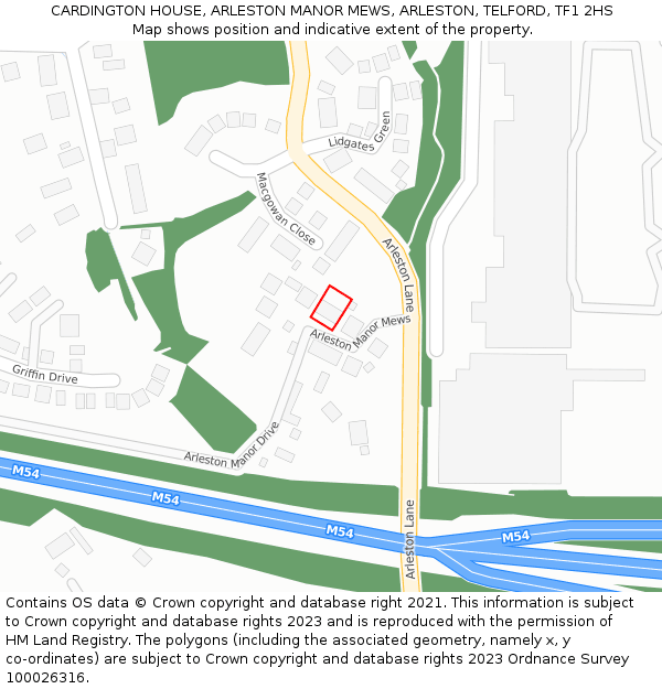 CARDINGTON HOUSE, ARLESTON MANOR MEWS, ARLESTON, TELFORD, TF1 2HS: Location map and indicative extent of plot