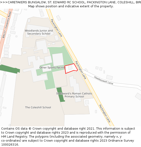 CARETAKERS BUNGALOW, ST. EDWARD RC SCHOOL, PACKINGTON LANE, COLESHILL, BIRMINGHAM, B46 3JE: Location map and indicative extent of plot