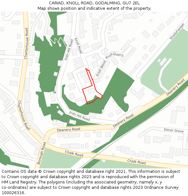 CARIAD, KNOLL ROAD, GODALMING, GU7 2EL: Location map and indicative extent of plot