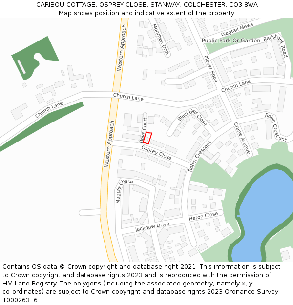 CARIBOU COTTAGE, OSPREY CLOSE, STANWAY, COLCHESTER, CO3 8WA: Location map and indicative extent of plot