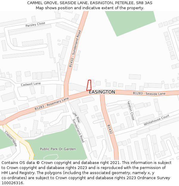 CARMEL GROVE, SEASIDE LANE, EASINGTON, PETERLEE, SR8 3AS: Location map and indicative extent of plot