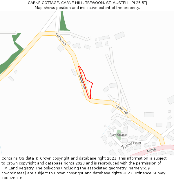 CARNE COTTAGE, CARNE HILL, TREWOON, ST. AUSTELL, PL25 5TJ: Location map and indicative extent of plot