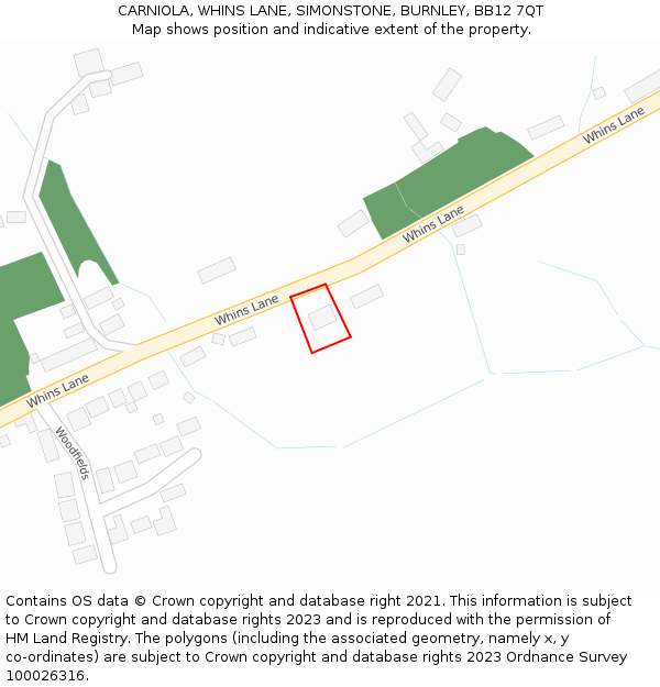 CARNIOLA, WHINS LANE, SIMONSTONE, BURNLEY, BB12 7QT: Location map and indicative extent of plot