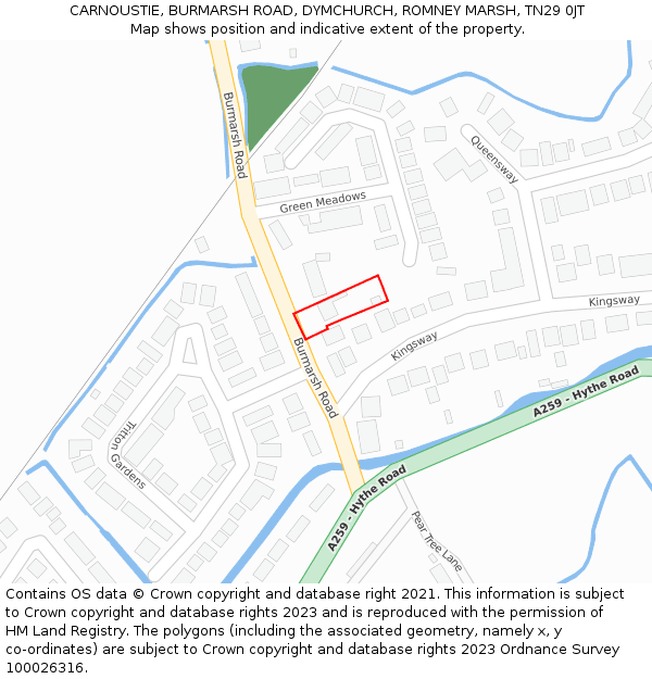 CARNOUSTIE, BURMARSH ROAD, DYMCHURCH, ROMNEY MARSH, TN29 0JT: Location map and indicative extent of plot