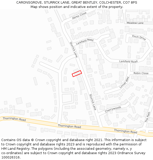 CARONSGROVE, STURRICK LANE, GREAT BENTLEY, COLCHESTER, CO7 8PS: Location map and indicative extent of plot