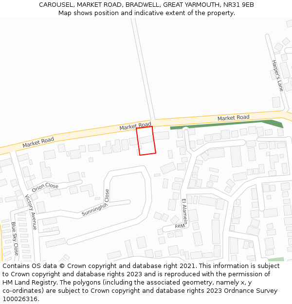 CAROUSEL, MARKET ROAD, BRADWELL, GREAT YARMOUTH, NR31 9EB: Location map and indicative extent of plot