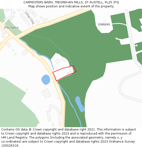 CARPENTERS BARN, TREGREHAN MILLS, ST AUSTELL, PL25 3TQ: Location map and indicative extent of plot