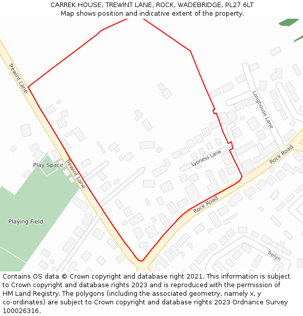 CARREK HOUSE, TREWINT LANE, ROCK, WADEBRIDGE, PL27 6LT: Location map and indicative extent of plot