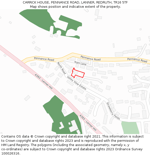 CARRICK HOUSE, PENNANCE ROAD, LANNER, REDRUTH, TR16 5TF: Location map and indicative extent of plot