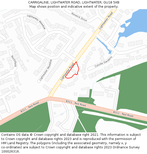 CARRIGALINE, LIGHTWATER ROAD, LIGHTWATER, GU18 5XB: Location map and indicative extent of plot