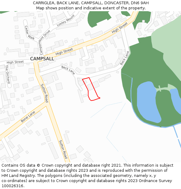 CARRIGLEA, BACK LANE, CAMPSALL, DONCASTER, DN6 9AH: Location map and indicative extent of plot