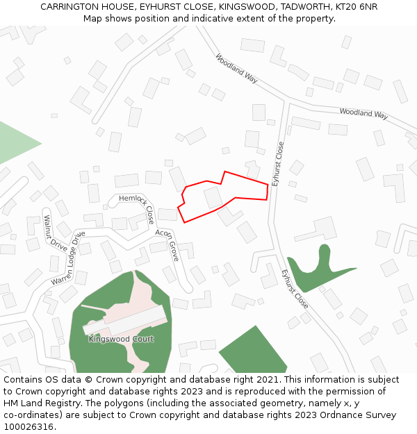 CARRINGTON HOUSE, EYHURST CLOSE, KINGSWOOD, TADWORTH, KT20 6NR: Location map and indicative extent of plot