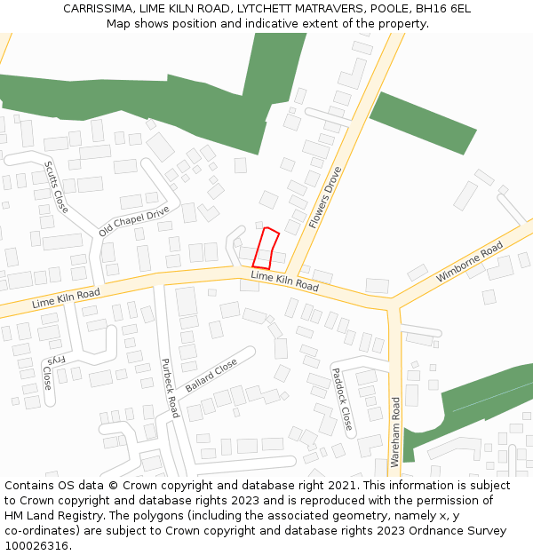 CARRISSIMA, LIME KILN ROAD, LYTCHETT MATRAVERS, POOLE, BH16 6EL: Location map and indicative extent of plot