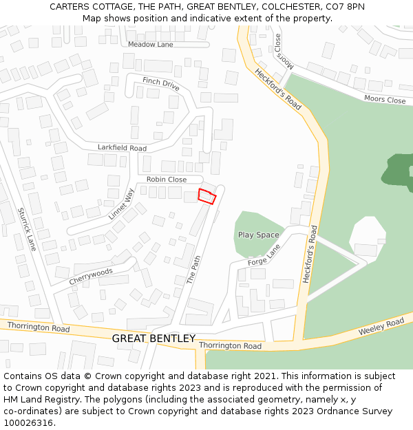 CARTERS COTTAGE, THE PATH, GREAT BENTLEY, COLCHESTER, CO7 8PN: Location map and indicative extent of plot