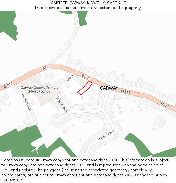 CARTREF, CARWAY, KIDWELLY, SA17 4HE: Location map and indicative extent of plot