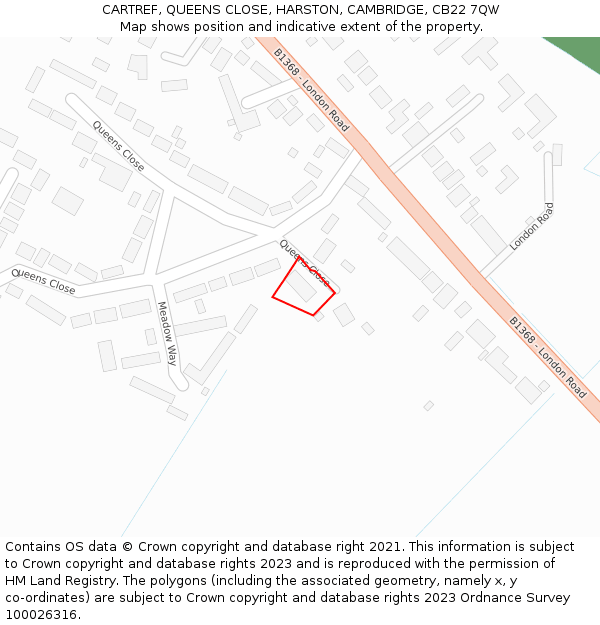 CARTREF, QUEENS CLOSE, HARSTON, CAMBRIDGE, CB22 7QW: Location map and indicative extent of plot