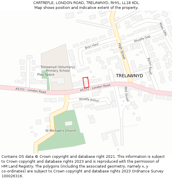 CARTREFLE, LONDON ROAD, TRELAWNYD, RHYL, LL18 6DL: Location map and indicative extent of plot