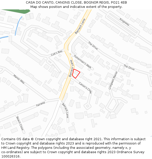 CASA DO CANTO, CANONS CLOSE, BOGNOR REGIS, PO21 4EB: Location map and indicative extent of plot