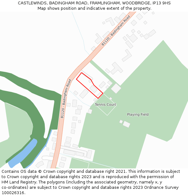 CASTLEWINDS, BADINGHAM ROAD, FRAMLINGHAM, WOODBRIDGE, IP13 9HS: Location map and indicative extent of plot