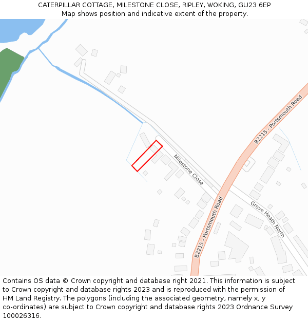 CATERPILLAR COTTAGE, MILESTONE CLOSE, RIPLEY, WOKING, GU23 6EP: Location map and indicative extent of plot